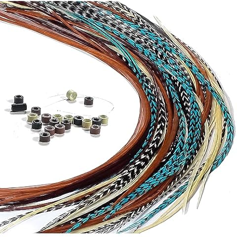 Feather Hair Extensions – 20 Long Thin Real Rooster Feathers, Ranging from 8 to 11 Inches, Includes 20 Beads and Loop Tool Kit Cover