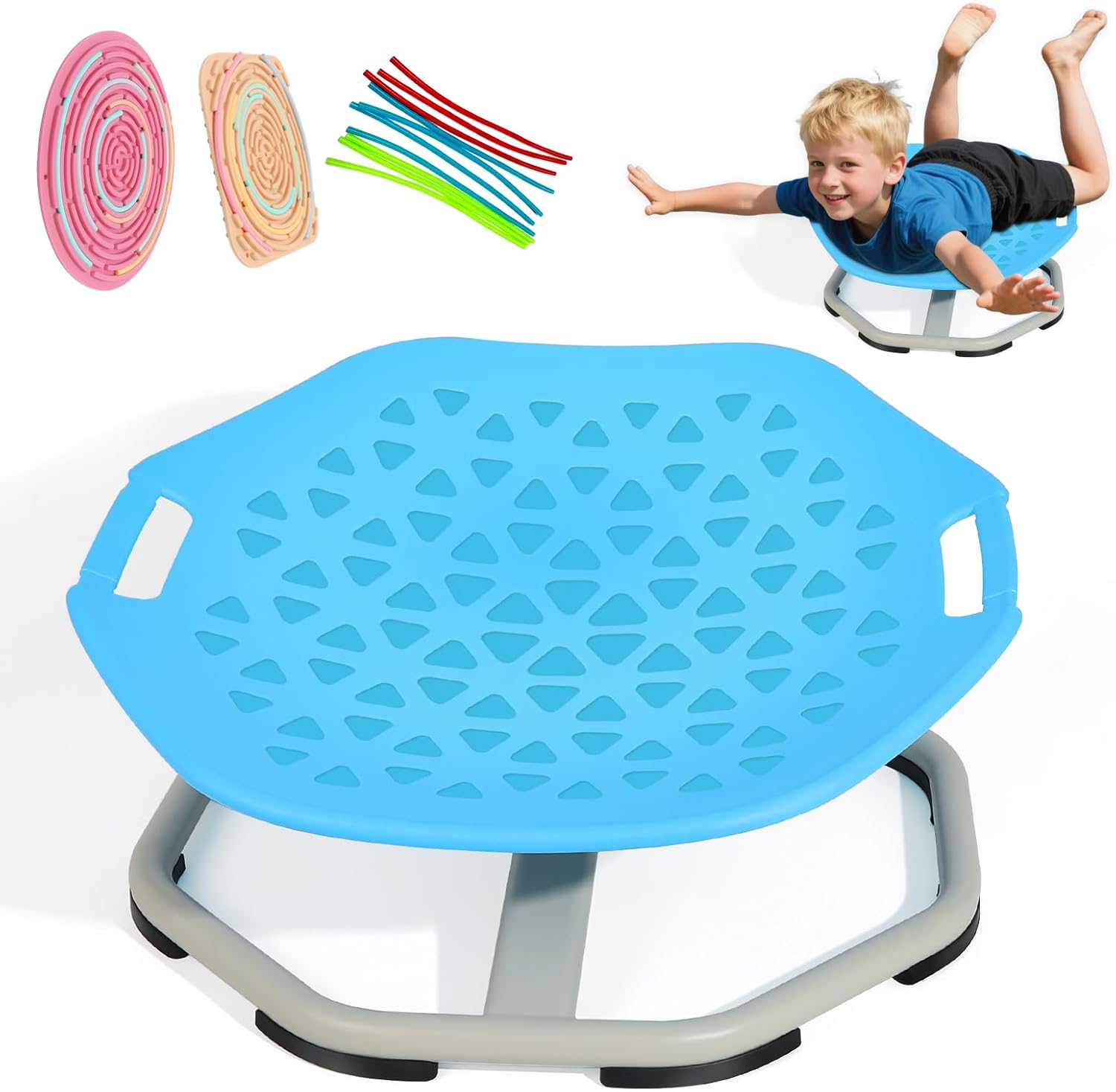 360° Sensory Spinning Chair for Kids with Handles & 2 Activity Boards – Autism Toy for Balance, Coordination & Focus – Indoor Sit & Spin Swivel Play Set Blue