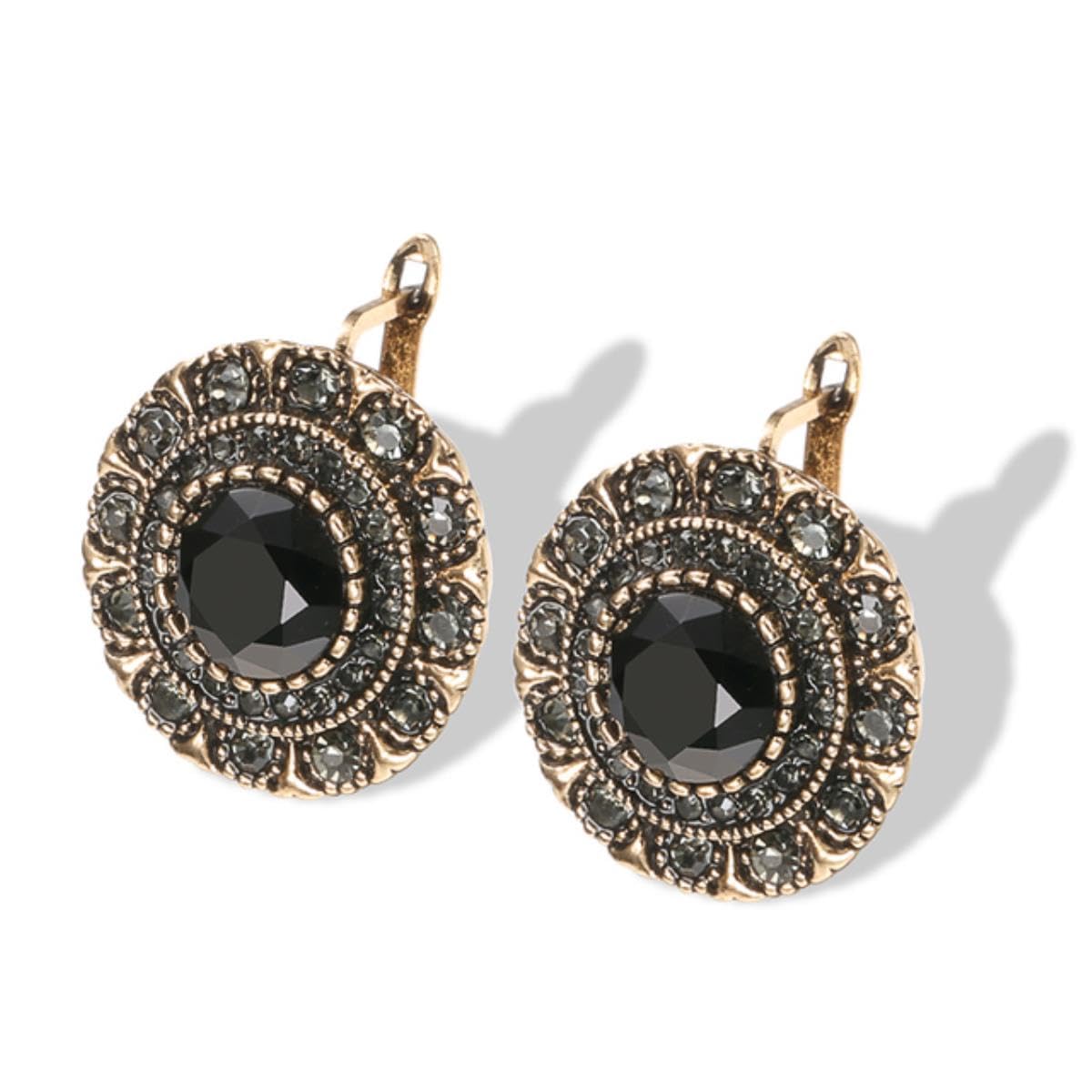 YAHOYA Boho Gray Crystal Stud Earrings For Women Antique Gold Fashion Black Stone Vintage Earrings Bride Wedding Jewelry