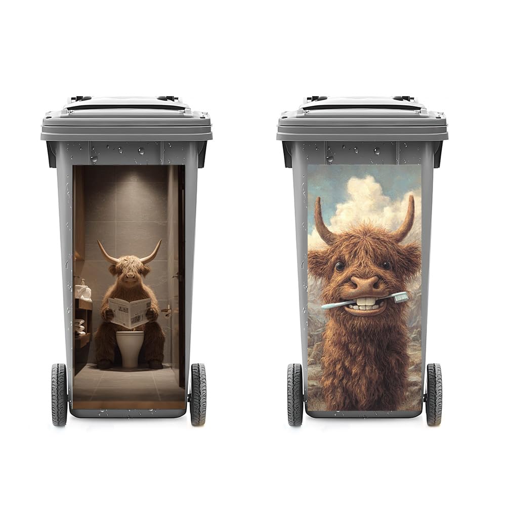2 PC Trash Can Sticker 14.57 × 32.28 Inch Funny Highland Cow Design Vinyl Sticker with Toothbrush Newspaper and Mountain Bathroom Pattern for Outdoor Garbage Bin Garden Yard Driveway Home Decor