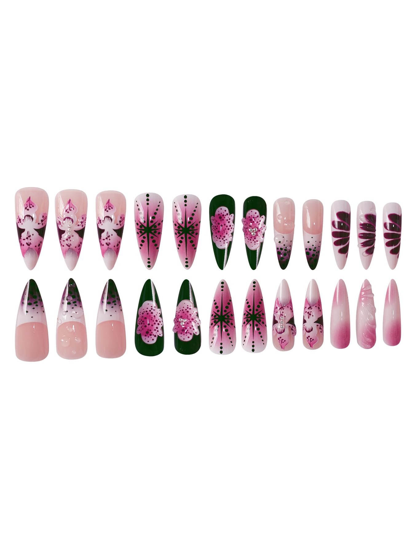 Long Press on Nails Stiletto Fake Nails French False Nails Brown Artificial Nails with Pink Flowers Designs Leopard Handmade Nails 3D Floral Stick on Nails for Women 24pcs: B01-18