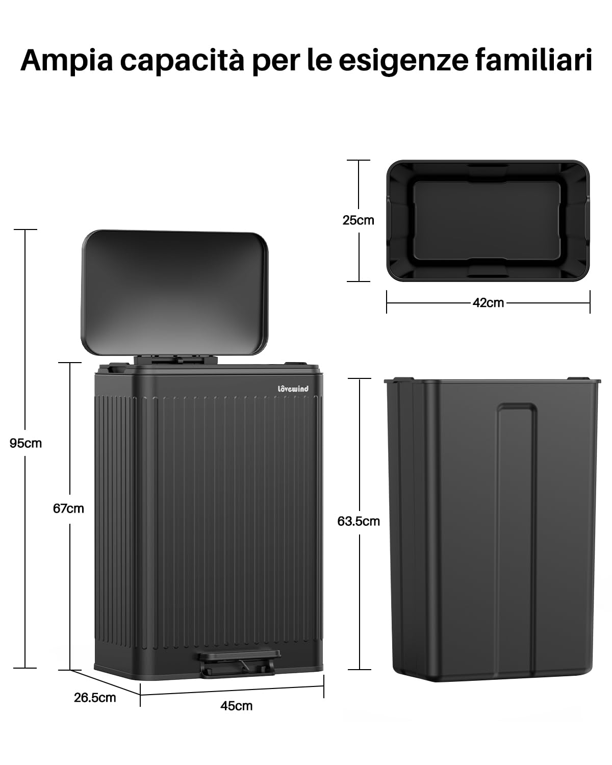 lovewind Bidone Spazzatura 60L Cucina Acciaio Inox Nero, Pedale con Chiusura Soft, Cestini Interni con Manici & Fissaggio Sacchetto, Design Romano, Anti-Odore, Facile Pulizia, Famiglia 3-6 Persone