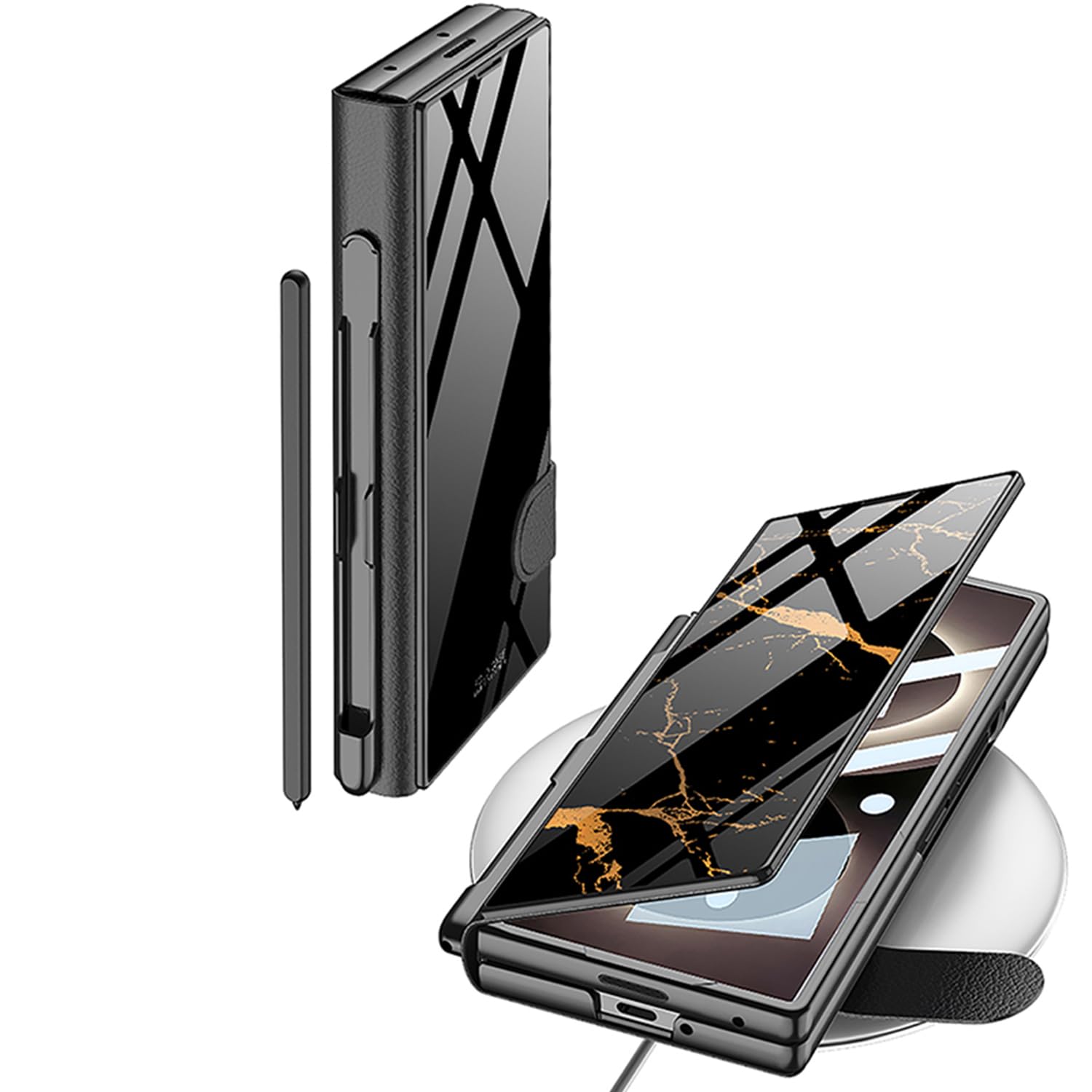 COQUE Galaxy Z Fold 8 Ultra z folią, skórzane etui z klapką i szkłem z miejscem na długopis, uchwyt do Samsung Galaxy Z Fold 8 Ultra-White Limited