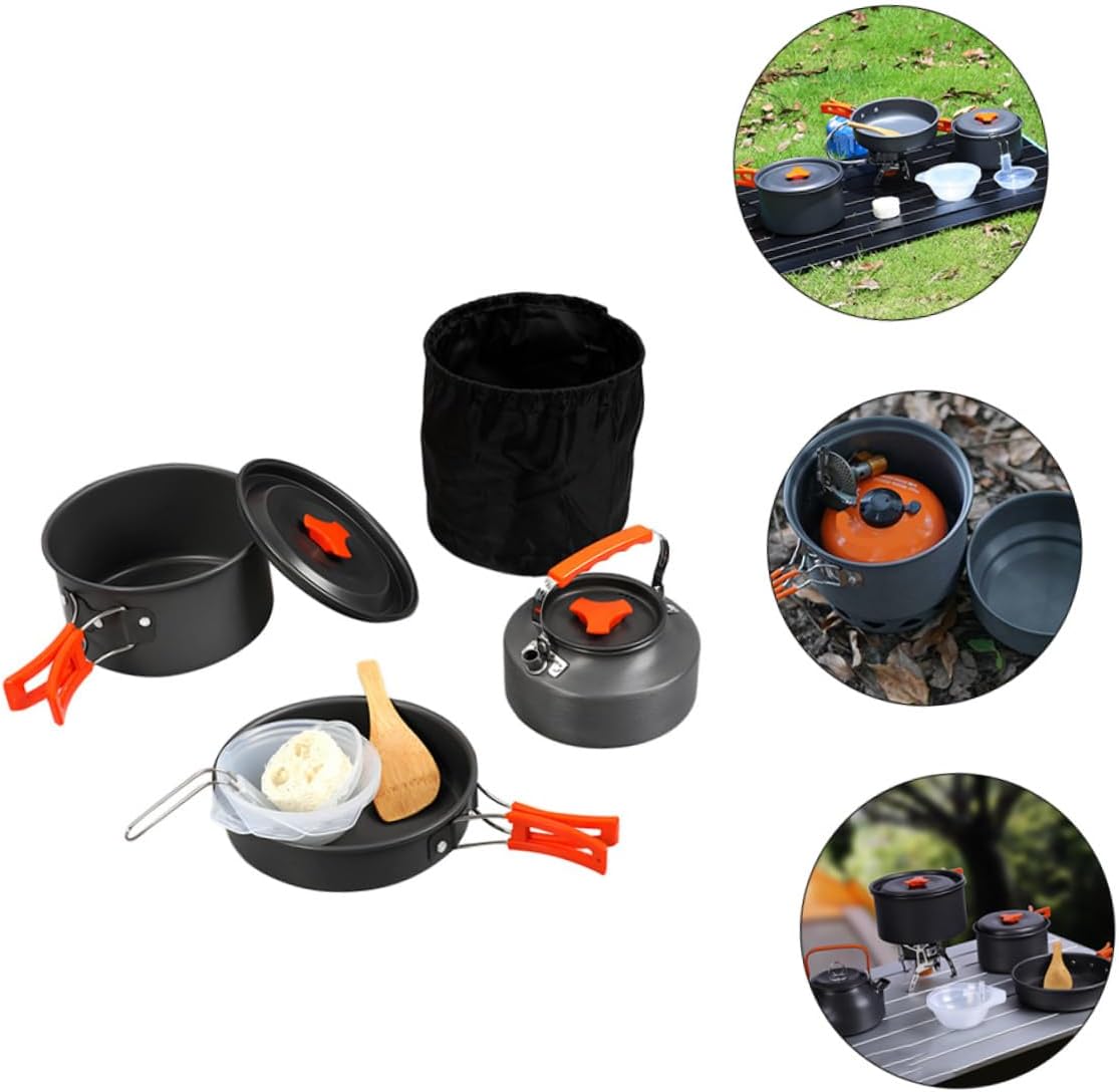 Generic 1 Set Outdoor Picnic Pot Set Cooking Mini Pots Pans Camping Stove Oven Portable Stoves Silverware Gadgets Grill Kit Kettle Mat Cookware Roaster Pan Deep Frying Pan Plastic Orange