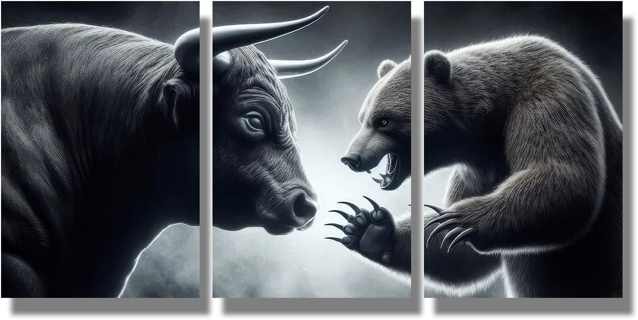 LSIUHWUWI Trading Bull Art Canvas Print Office Decor Trader, Bear and A Bull Statue Stand in a Stock Exchange Wall Decor Stock Market Investing Poster for Living Room Bedroom Decor 12x16inchx3