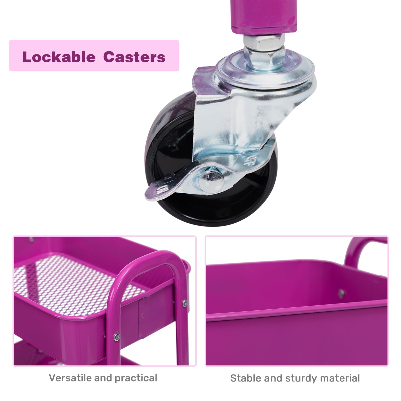 Carrito rodante de metal de 3 niveles con ruedas, estantes versátiles para manualidades de cocina y utilidad, solución de almacenamiento morado oscuro para baño, oficina y hogar