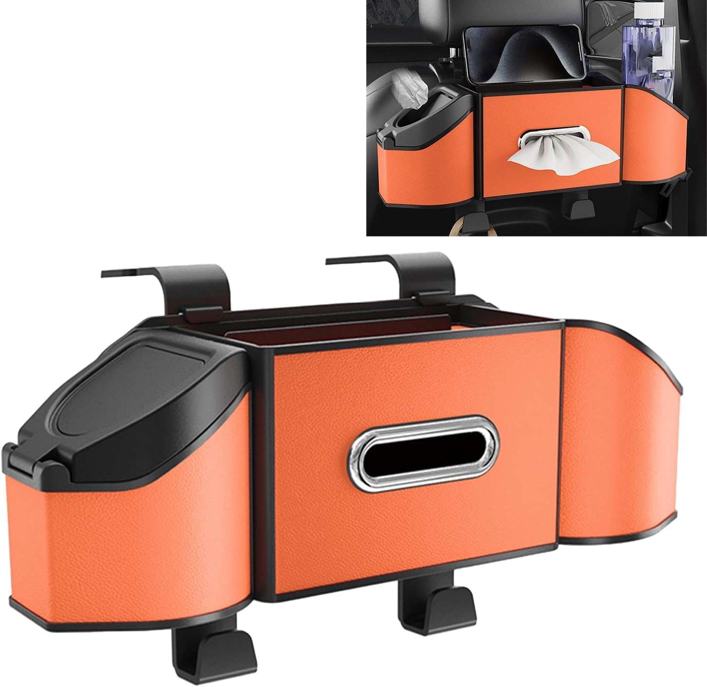 ONEMAJI 7 in 1 Car Seat Back Organiser Interior Tidy for Dacia Bigster 2025, Car Bin Tissue Holder Multifunctional Headrest Hook Storage Box,Orange