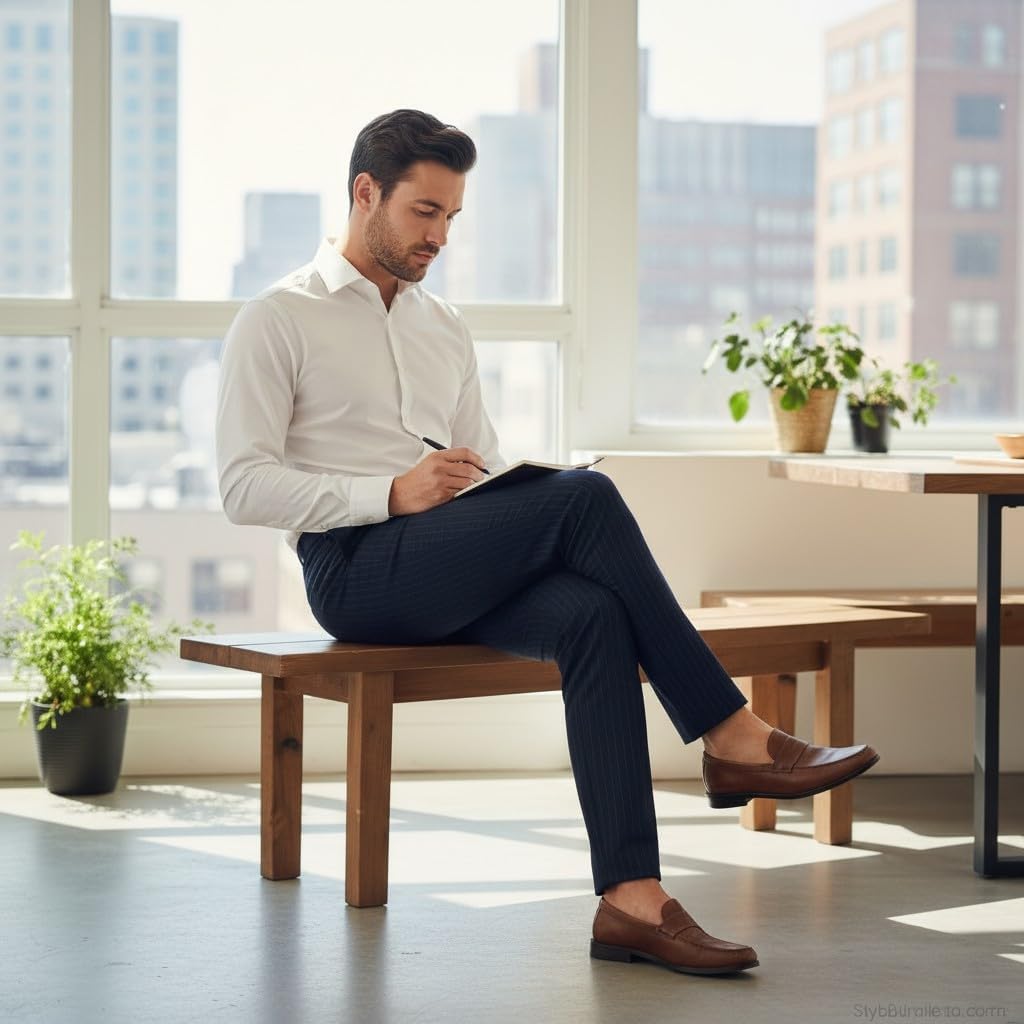 HBDesign Mens Classic Slim Fit Flat Front Straight Iron Free Trousers Stripe Color