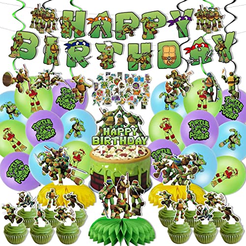 XRHOT Themenparty-Set, 46 Stück Geburtstag Party Dekoration Kung Fu Schildkröte Thema Party Zubehör Kinder Anime Themenparty Pull Flag Ballon Hängender Kuchen Dekoration Zubehör Cover