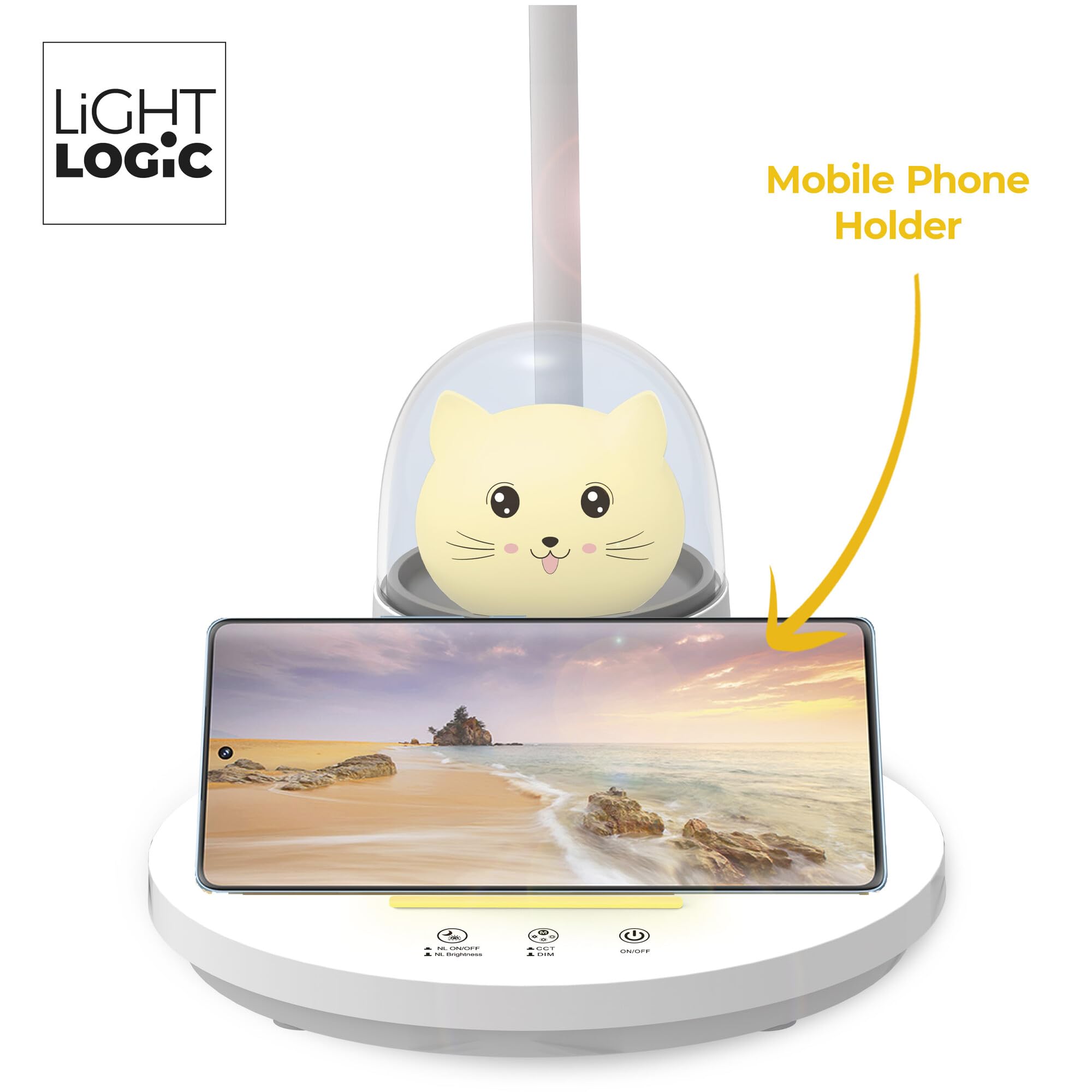 Schreibtischlampe Kinder LED für Mädchen mit Nachtlicht - Katzenmotiv, Dimmbare Tischlampe, 3 Lichtfarben, Rotierbar