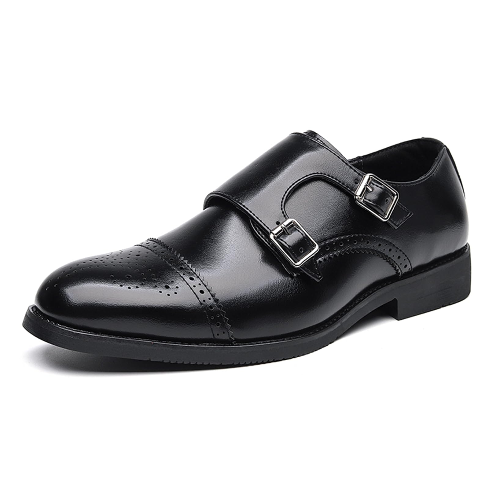 Herren Double Monk Strap Dress Shoes Formale Leder Oxford Schuhe für Business Hochzeit Party Schwarz Braun PU Leder mit Gummisohle Brogue Cap Toe Monk Shoe für Männer, Schwarz , 45 EU
