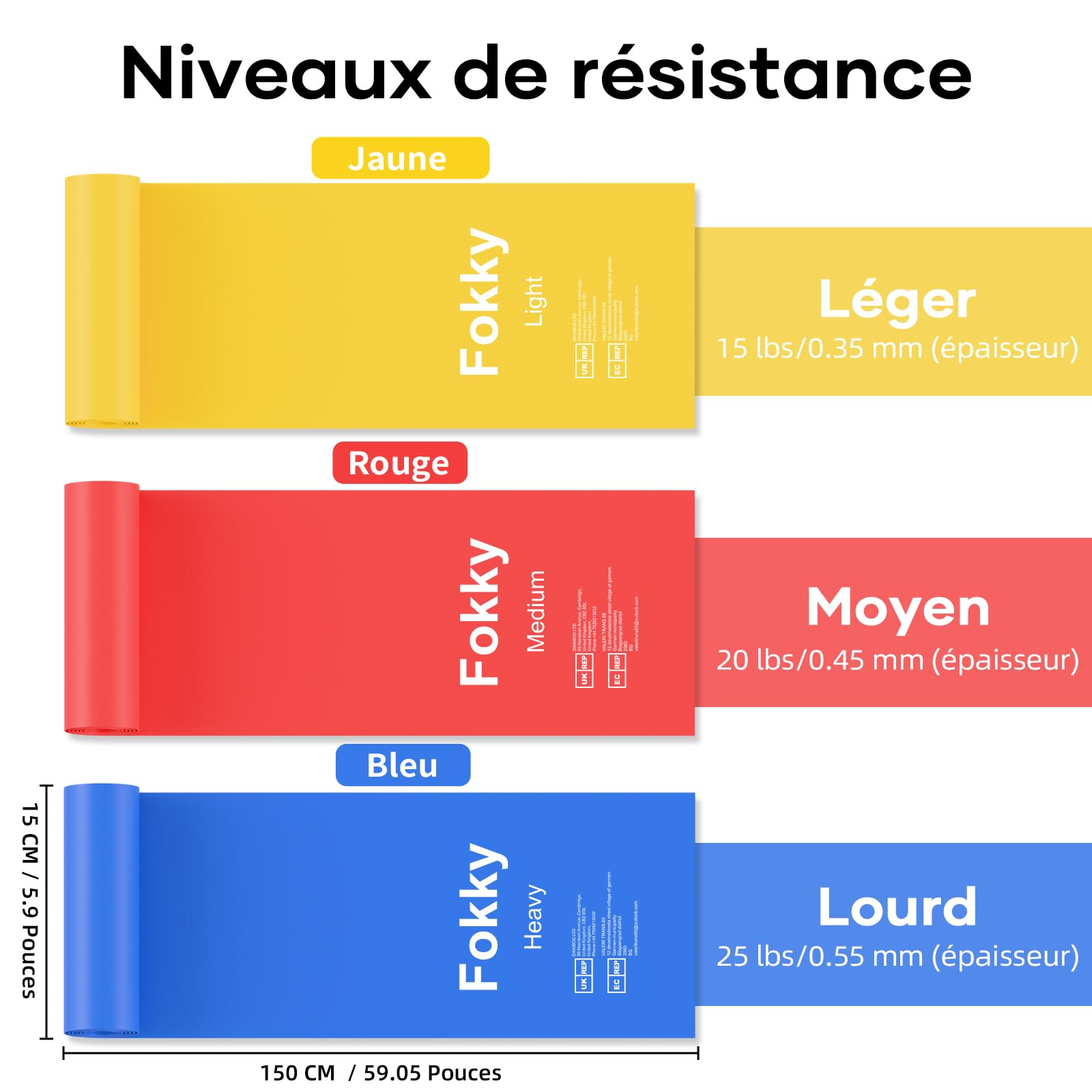 Bande Élastique Musculation 3 Pièces 1.5M/2M Fitness avec 3 Niveaux de Résistance Yoga Pilates