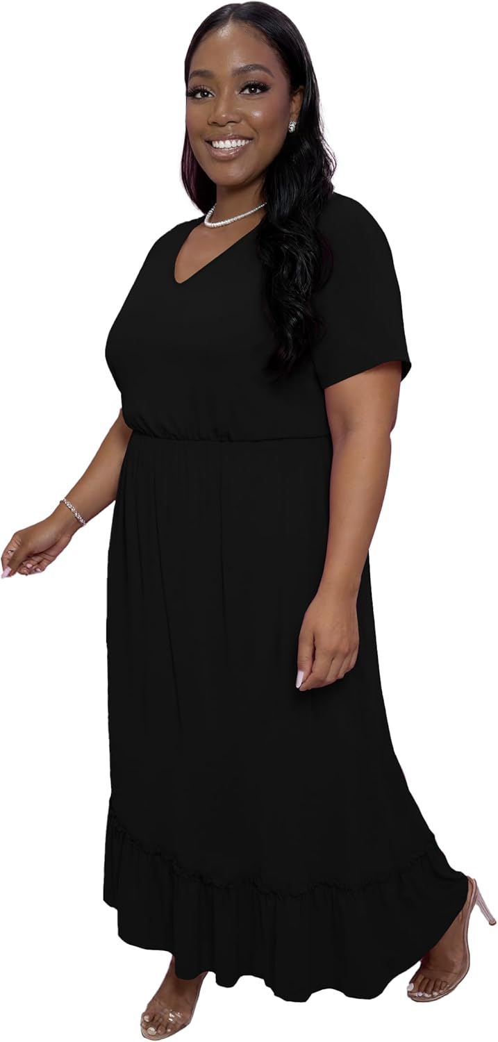 TOPSRANI Plus Size Maxi Dresses for Women Oversized Short Sleeve Crewneck Casual Loose Solid Summer Dress with Pockets - Image 3