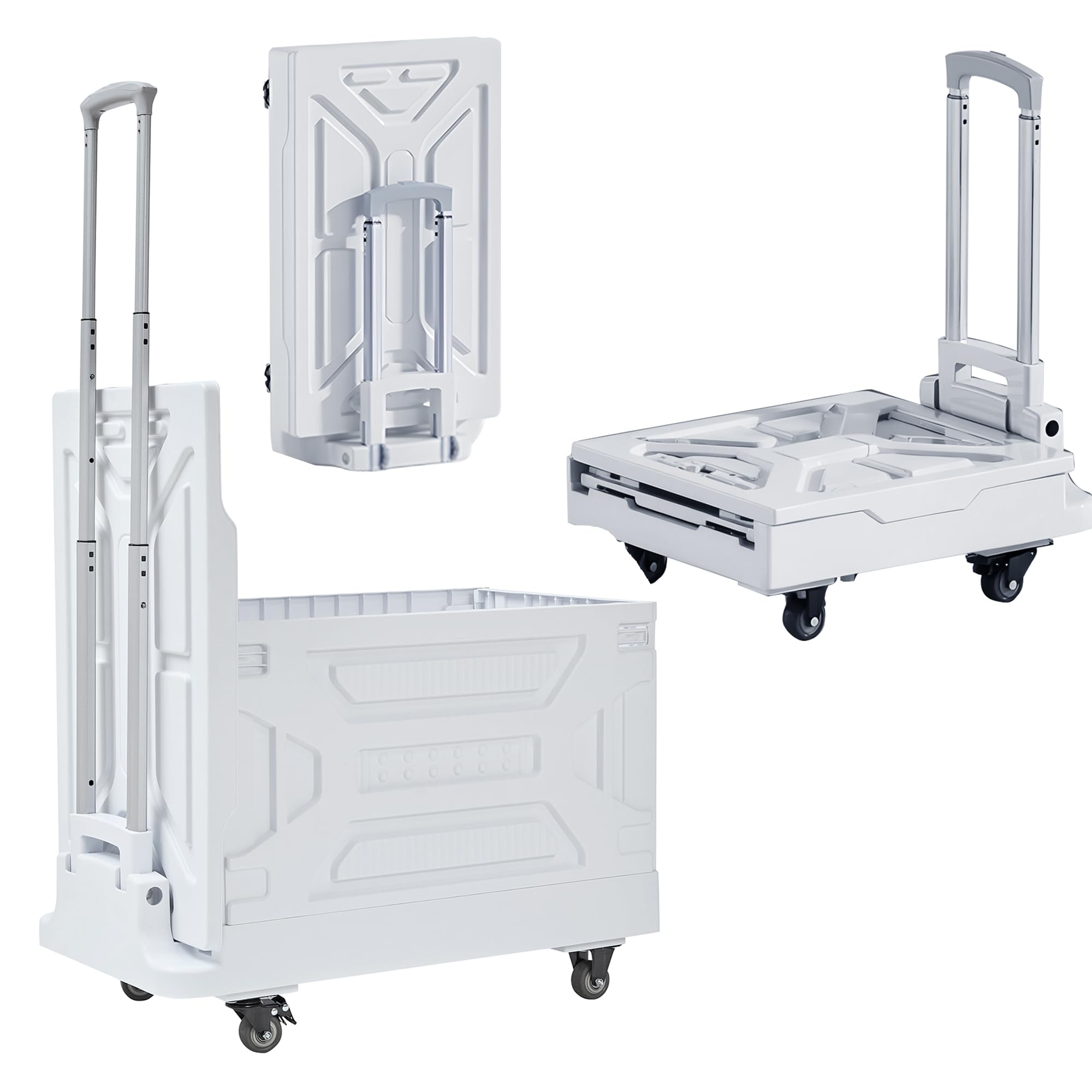 vecelo foldable shopping cart with wheels, collapsible rolling crate for groceries, folding storage box with handle, three modes of use, ideal for teacher, trip, outdoors, etc., 23gal, white