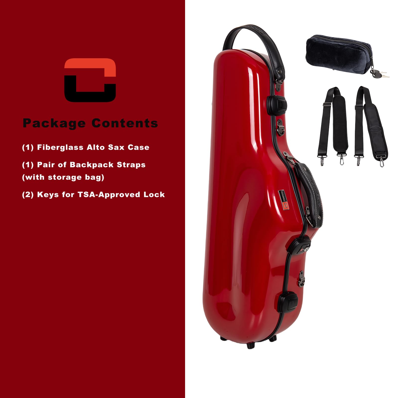 Crossrock Fiberglas Altsaxophon-Koffer | Glänzend Rot | Verstärkte Schale, aufgewerteter Innenraum, TSA-Schloss, Rucksackgurte – Profi-Reiseschutz（CRF2020ASRD）