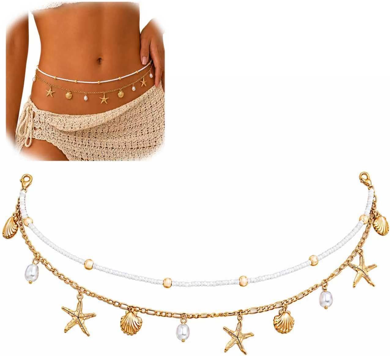 2Pcs Gold Starfish Waist Chain Bikini for Women, Layered Bohemian Body Chain with Shell Beads, Durable Elastic Cute Beachy Accessories for Summer Vacation Party