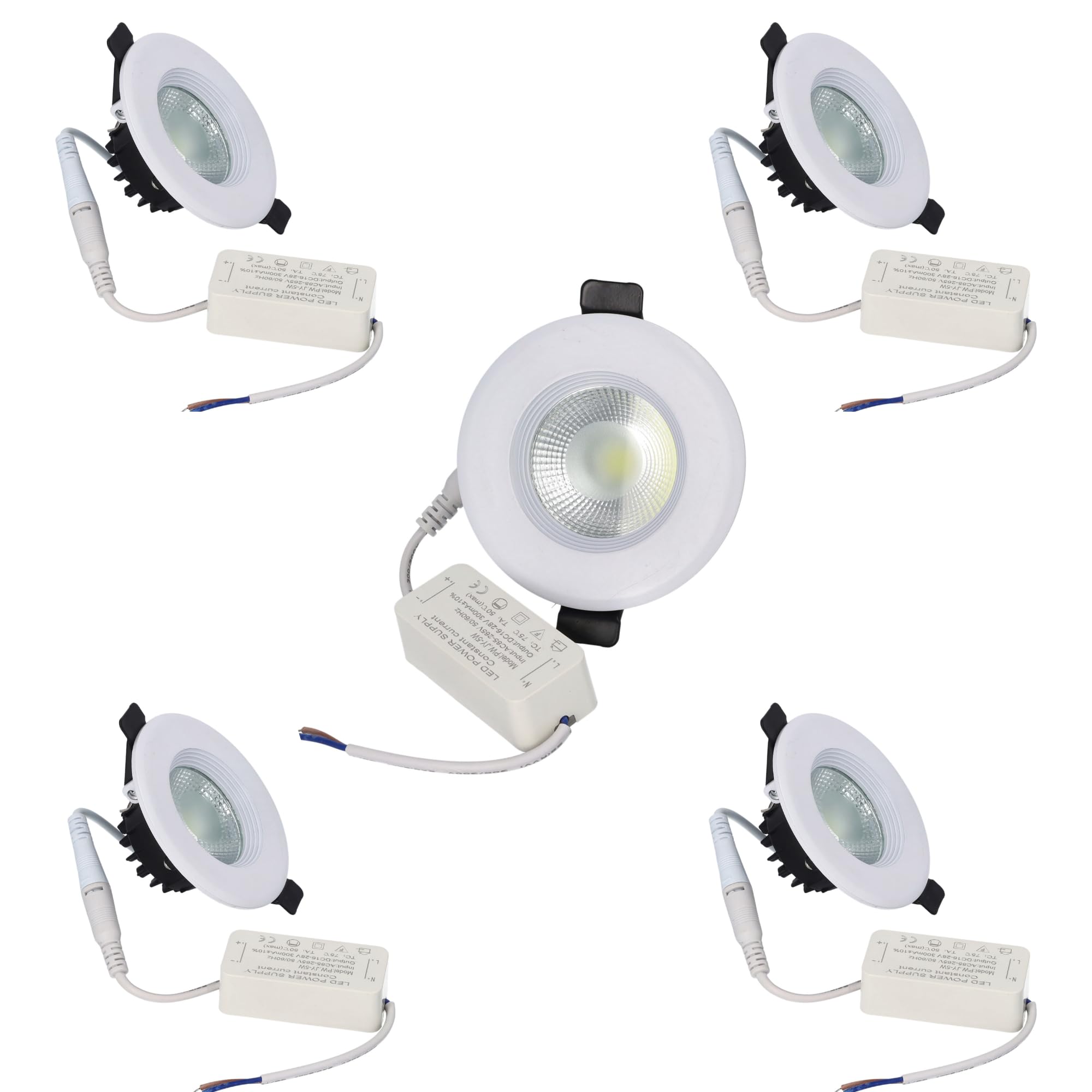 JANDEI – 5x Spot LED COB Encastré 5 W, Cadre Rond Blanc, 90 X 45 Mm (Perçage De 60 à 75 Mm), 450 Lumens, IP44. Idéal Pour Salon, Cuisine, Salle De Bain