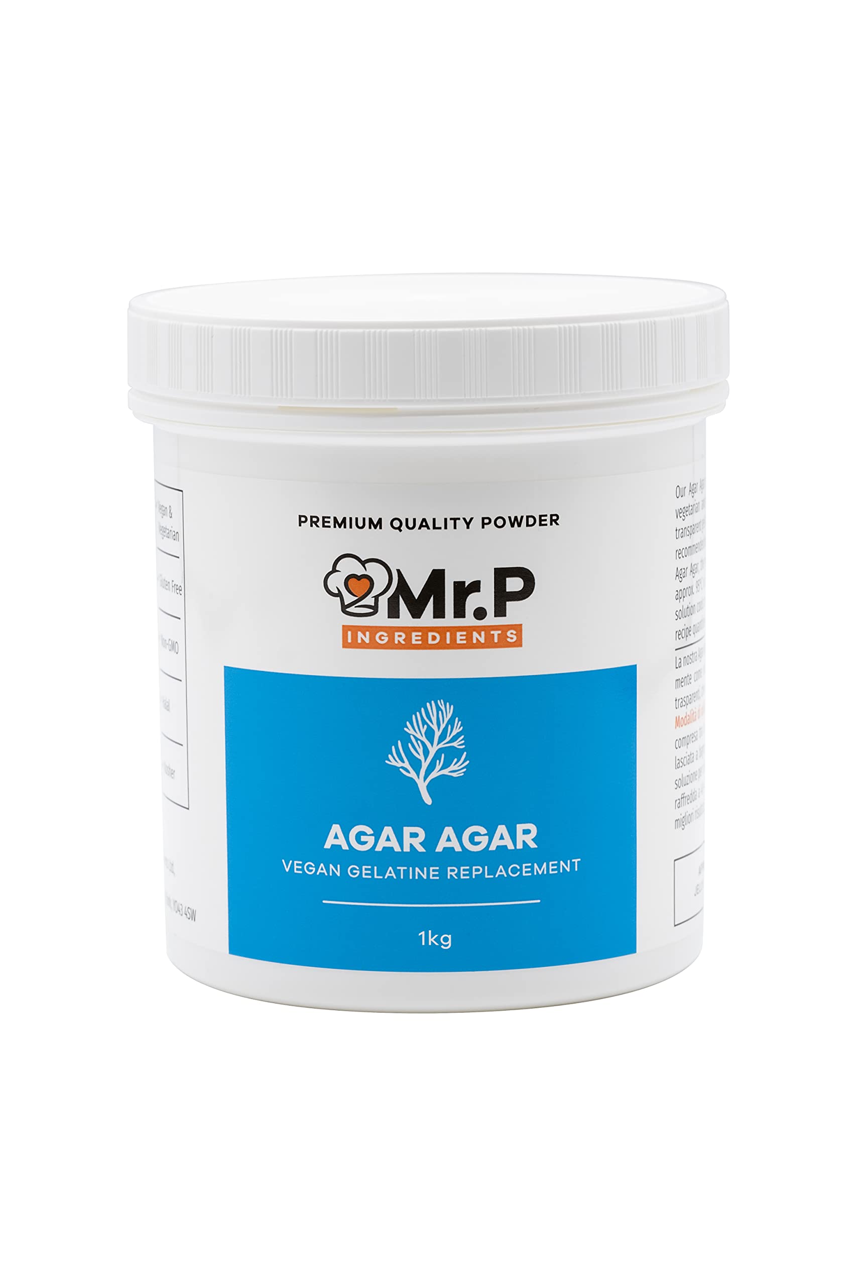 Mr.P Ingredients Agar Agar 1 Kg Powder Vegan Gelatine Replacement Ideal for Jelly Mousse Molecular Gastronomy Gelling Agent Vegan Vegetarian Halal Kosher Non-GMO (Recyclable Pot)