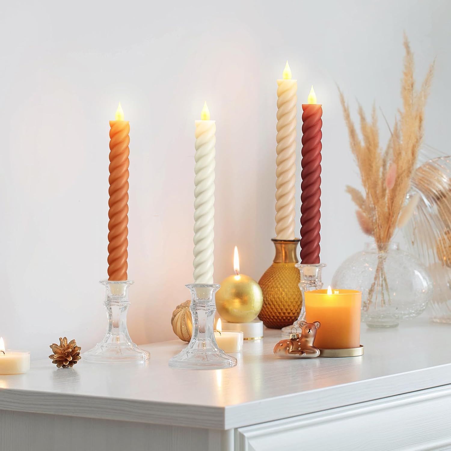 Baquler 6 Pcs Fall Flameless Taper Candles, 9.65 Inch Led, Mixcolor