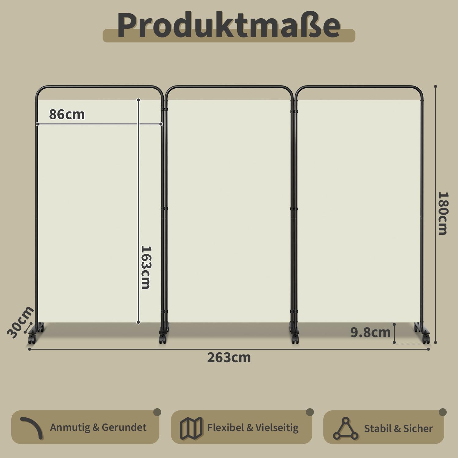 Biombo con ruedas, flexible, 3 piezas, protección privada, 263 x 180 cm, ajustable, protección visual, protección contra el viento, para jardín, muebles de baño, oficinas, color beige