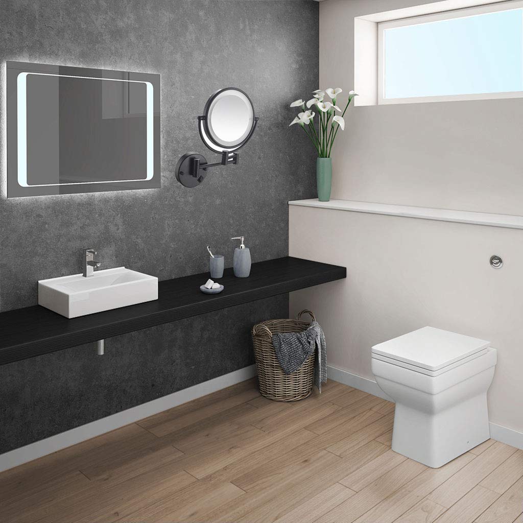 LED Wall Mount Makeup Mirror with 5X Magnification 8-Inch Lighted, 360°Swivel 12" Extension Two-Side Retractable Makeup Mirror with Matte Black Finish for Bathroom Bedroom