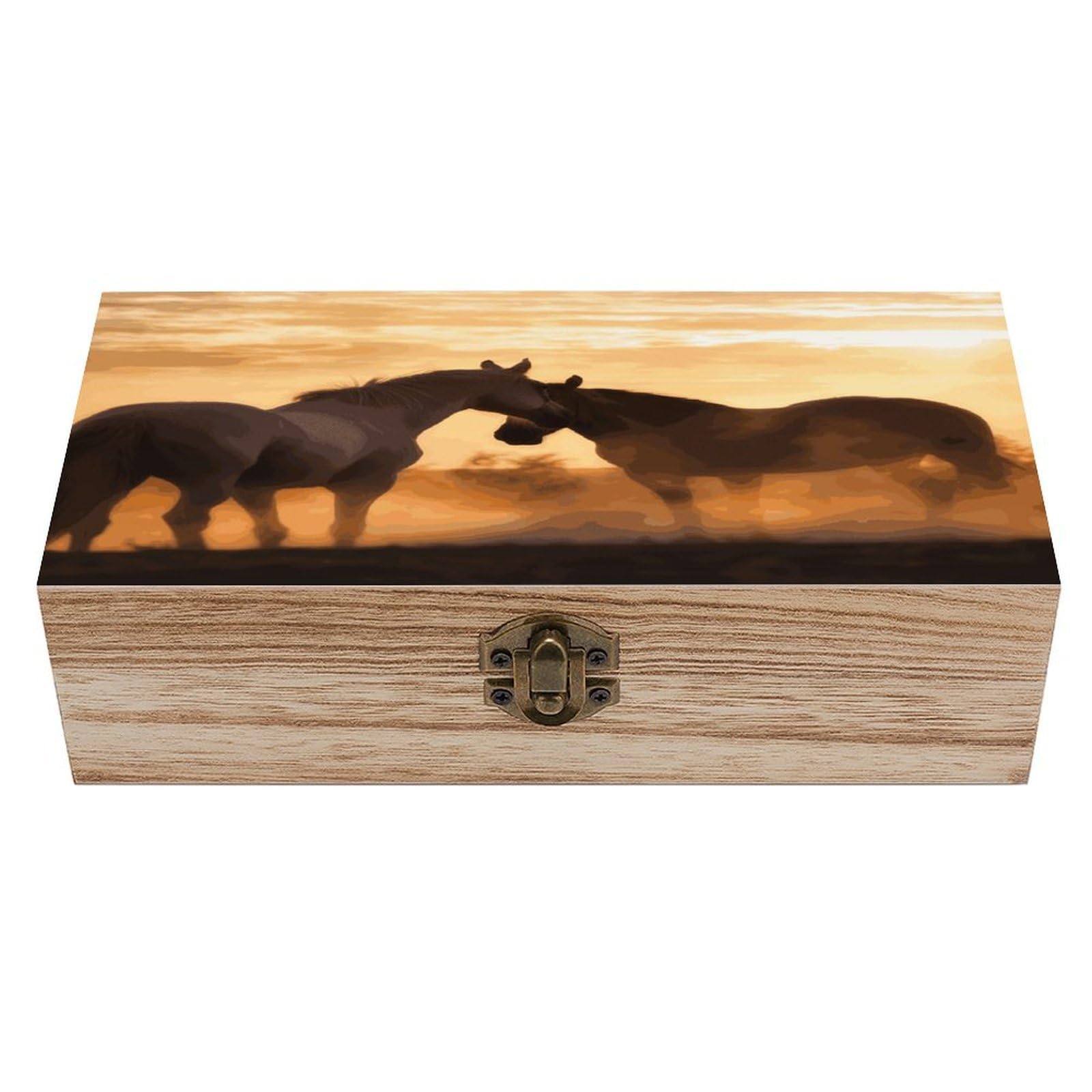 Btcowzrv Style Horses In Love Wooden Storage Box, Keepsake Box With Hinged And Retro Lock, Wood Jewelry Organizer For Photos & Mementos And Home Decor