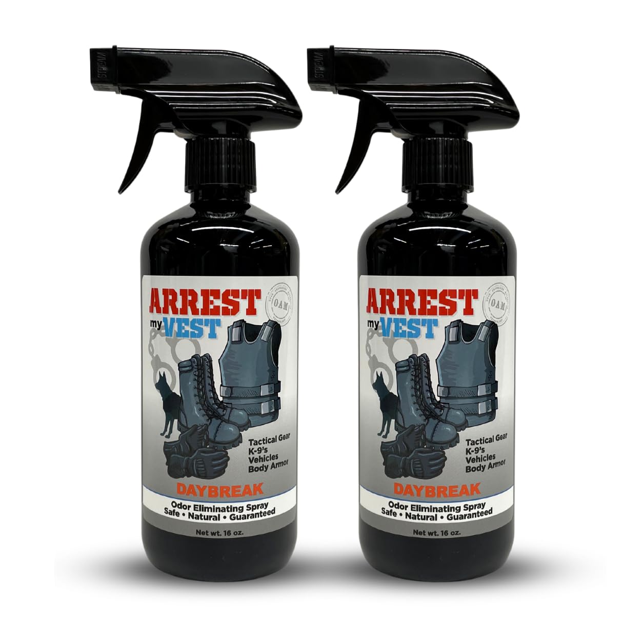 Arrest My Vest Military Grade Odor Eliminating Spray for Body Armor, Tactical Gear, and K9 Equipment. Safe on All Ballistic Vests, Fabrics, & Police