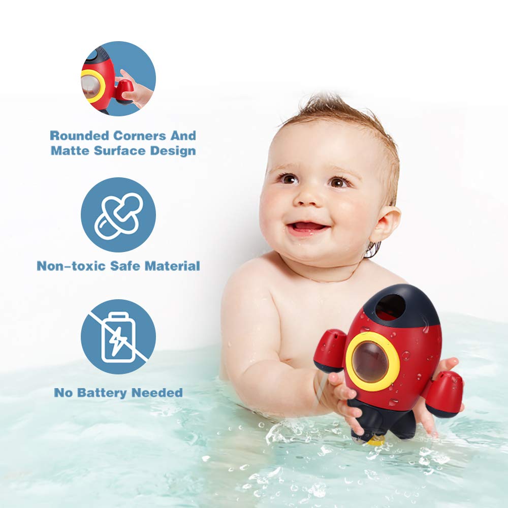 Juguetes de baño, juguetes de baño con cohete espacial para niños pequeños de 1 a 3 años, juguetes de baño de agua con rociador para bebés con fuente giratoria, juguetes de bañera de ducha 2