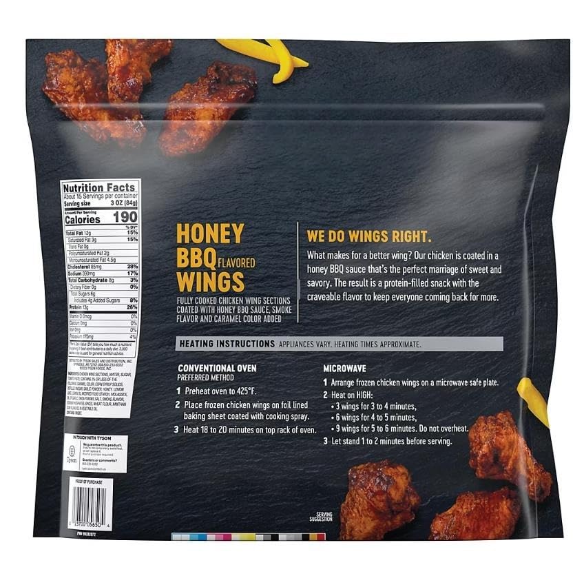 Honey BBQ Bone-In Chicken Wings , The flat and drumette wing sections are covered in sweet, smoky honey BBQ sauce for a savory flavor. These chicken wings are fully cooked and ready-to-eat for a protein packed snack. Simply heat in an oven or microwave and serve with honey mustard dipping sauce, sliced celery and carrot sticks for a flavorful appetizer. [ 64 oz , 4 lb ]