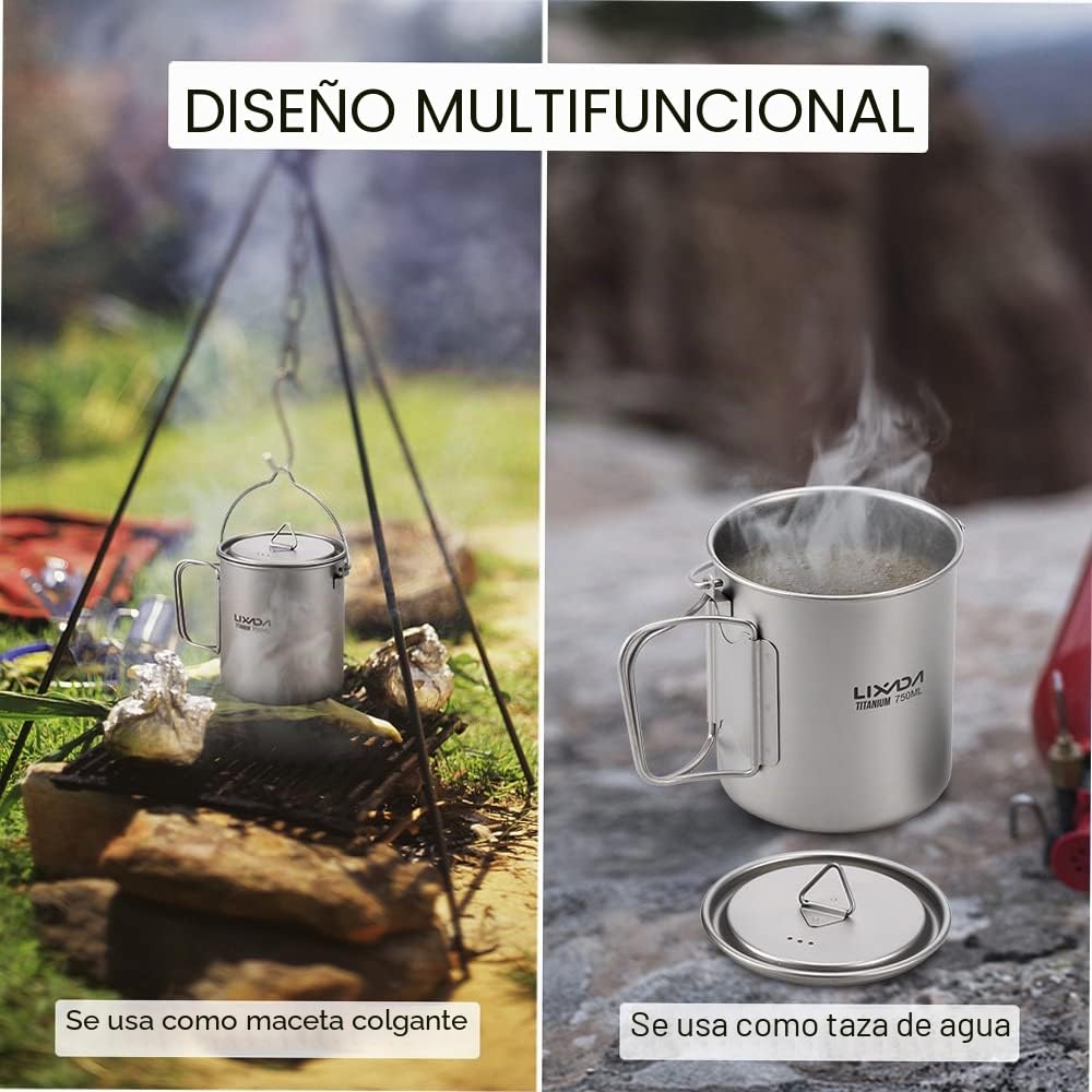 Lixada Titanium Cup Pot Ultralight Portable Cup Pot Colgante con Tapa y asa Plegable Camping al Aire Libre Senderismo 900ml