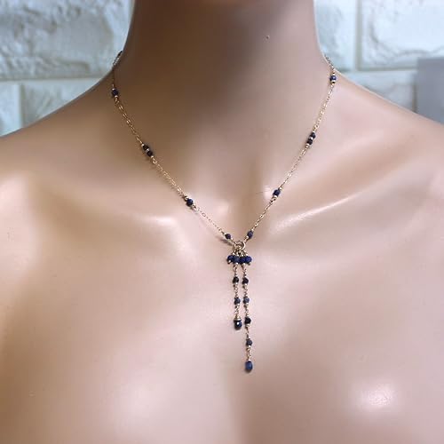 Miniatura 4 de Blue Sapphire Lariat 14K Gold Filled Chain Tassel Necklace, Y Delicate Chain Necklace. Gifts for Women (17" + 2.5" extender, 925 sterling silver)