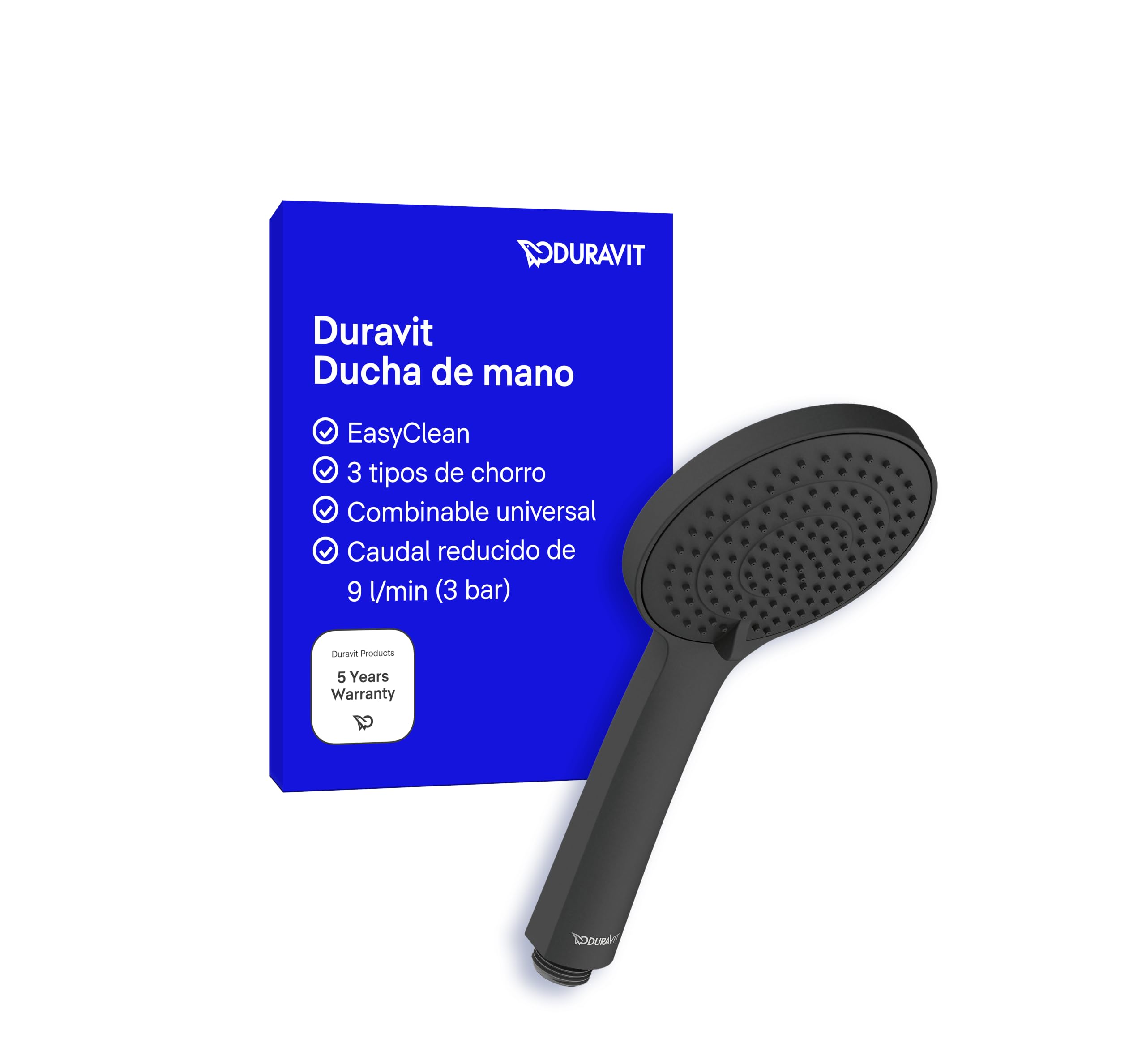 Duravit Alcachofa de ducha con 3 tipos de chorro (Rain, Intense Rain, Soft Rain), alcachofa redonda (diámetro de 110 mm), cabezal de ducha con función de ahorro de agua, fácil de limpiar, color negro