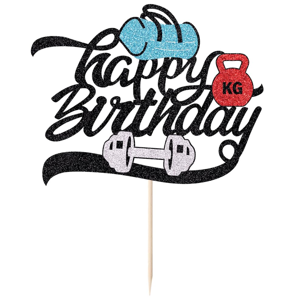 FmiyunEea Glitter Fitness Dumbbell Happy Birthday Cake Topper - Gym & Weight Lifting Theme for Athletes Party Decor