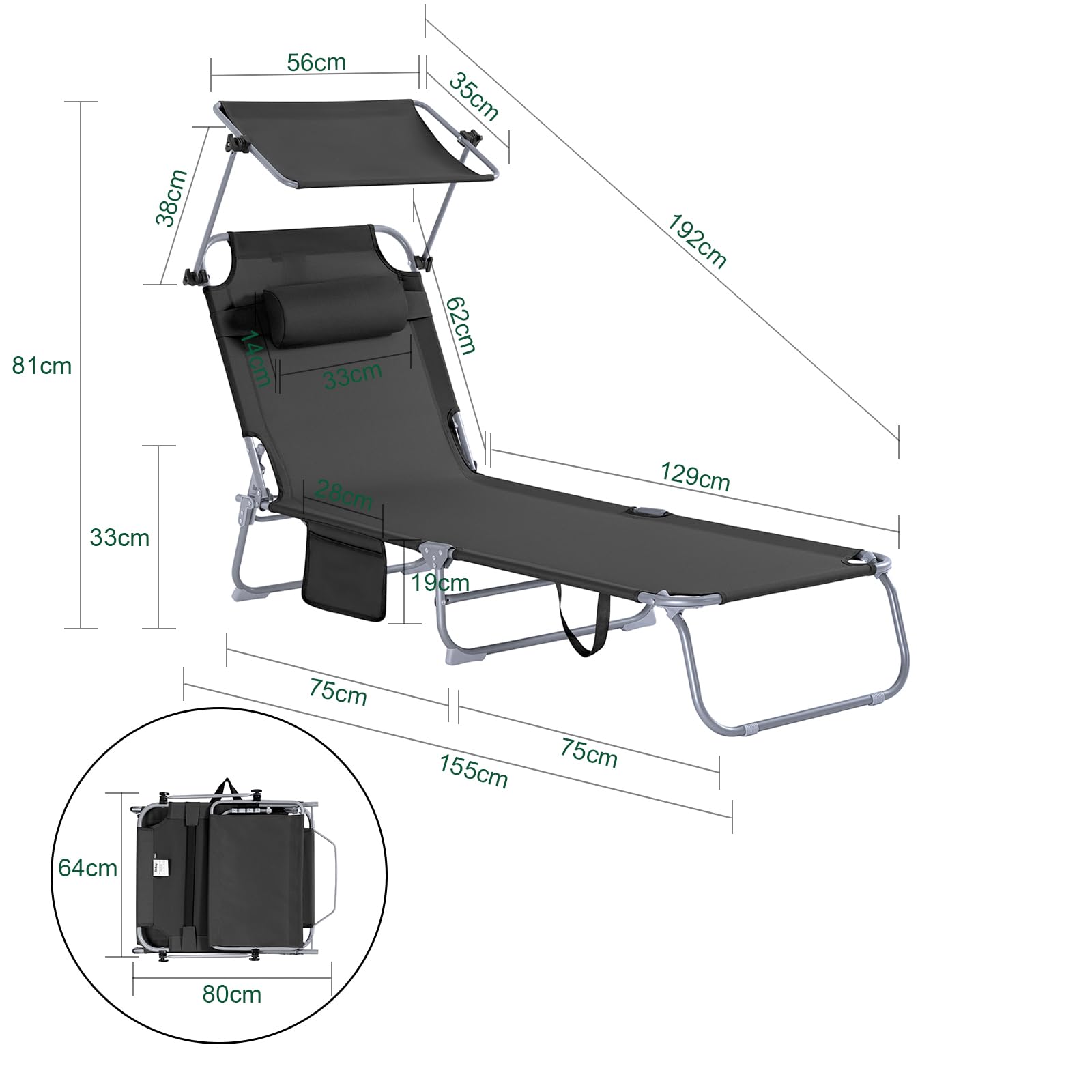 Chaise Longue Pliante YITAHOME - 4 Positions, Appui-tête, Poche Latérale, Supporte 130 Kg - 8