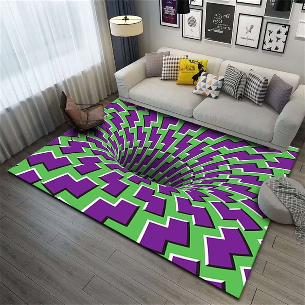 Alfombras gaming de vórtice visual verde púrpura antideslizante para sala de estar 160x230cm