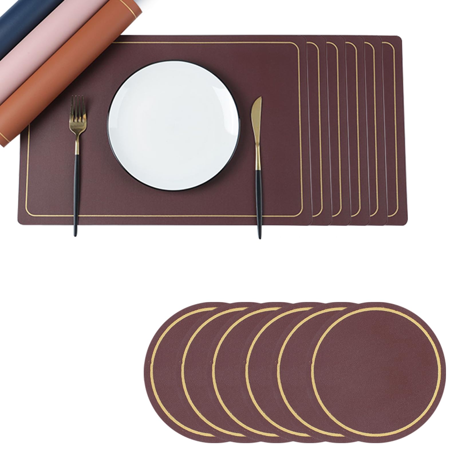 Soulnioi Placemats and Coasters Set of 6, PU Leather Table Mats Heat Resistant Washable Place Mats Not Rolled Plate Mats for Kitchen Dining Table Restaurant Home Decor - Wine Red