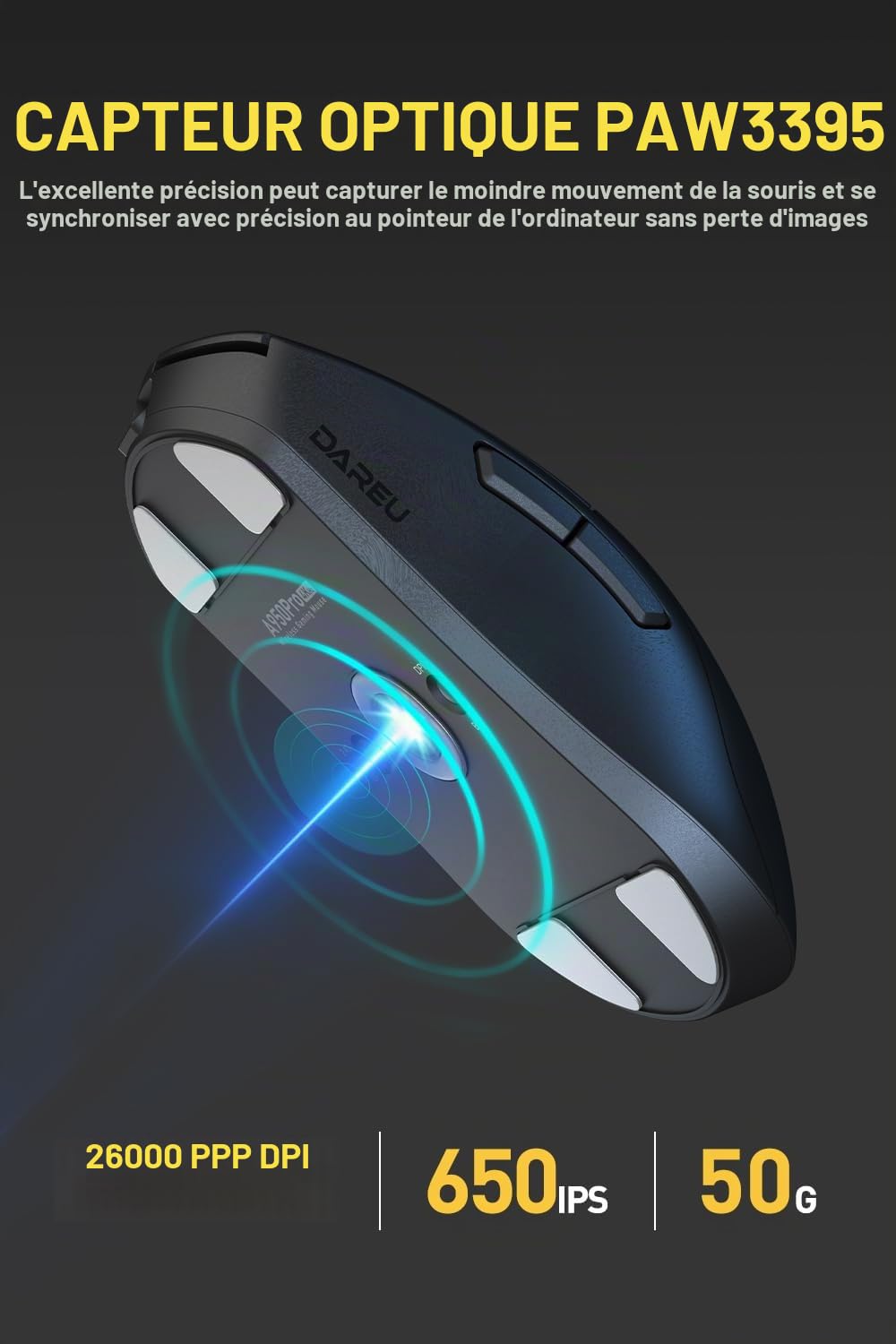 DAREU A950pro 4K Souris Gaming sans Fil: Ultra-légère 55 g, Fréquence de Sondage de 4KHz, Capteur Optique PAW3395, 5 Boutons Programmables, Support 15min Fast Charging et Connexion Tri-Mode (Blanc)