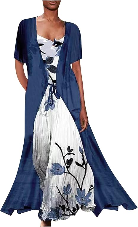 Women Dresses Sale Clearance Ladies Elegant Casual Chiffon Short Sleeve Loose Two-Piece Dress with Straps Bodycon Dress Office Wear for Casual Club Cocktail Evening Gowns Work UK Size 8-26