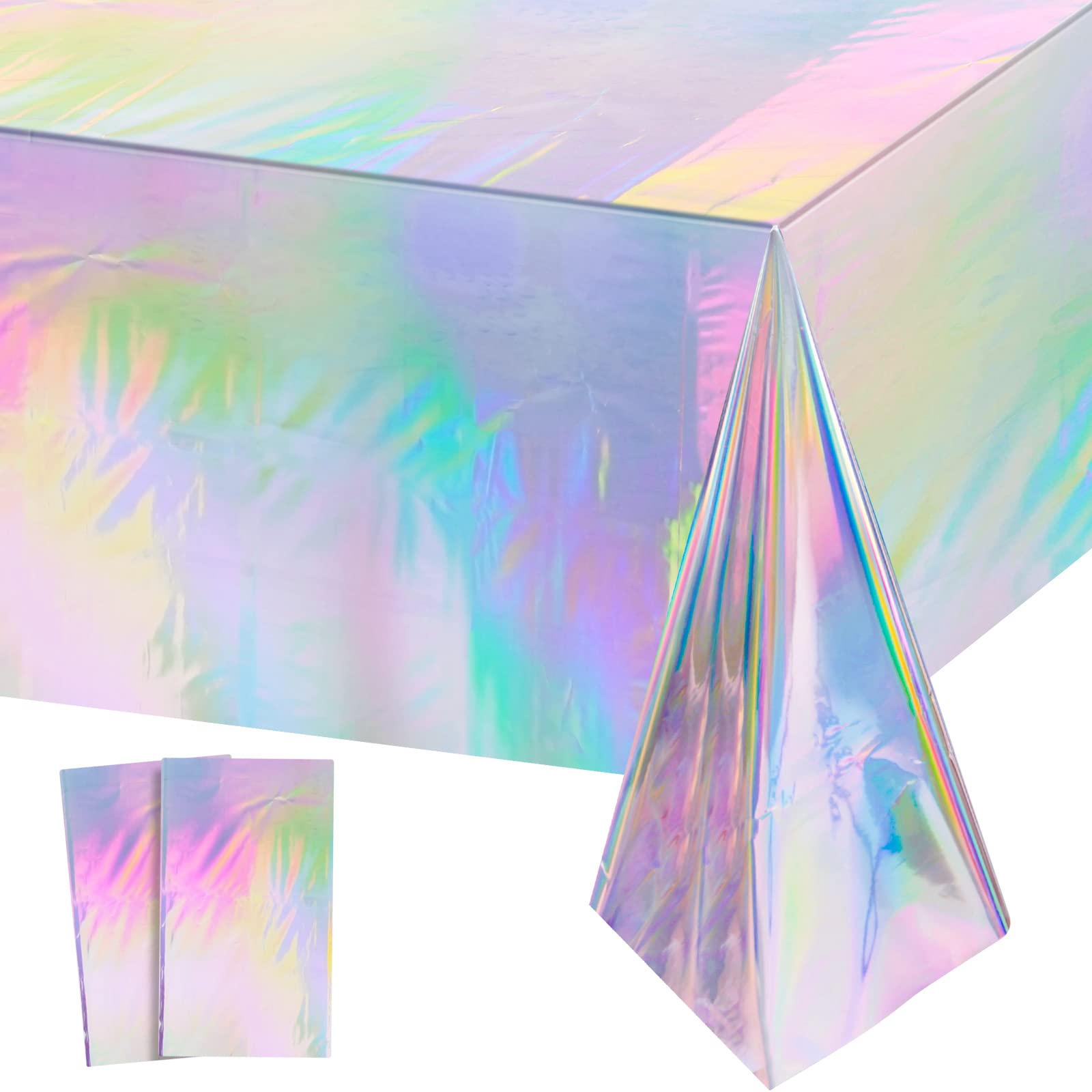 Photo 1 of 2 Pack Iridescence Plastic Tablecloths Shiny Disposable Laser Rectangle Table Covers Holographic Foil Tablecloth Iridescent Party Decoration Birthday Bridal Wedding Christmas 54" x 108"(Laser)
