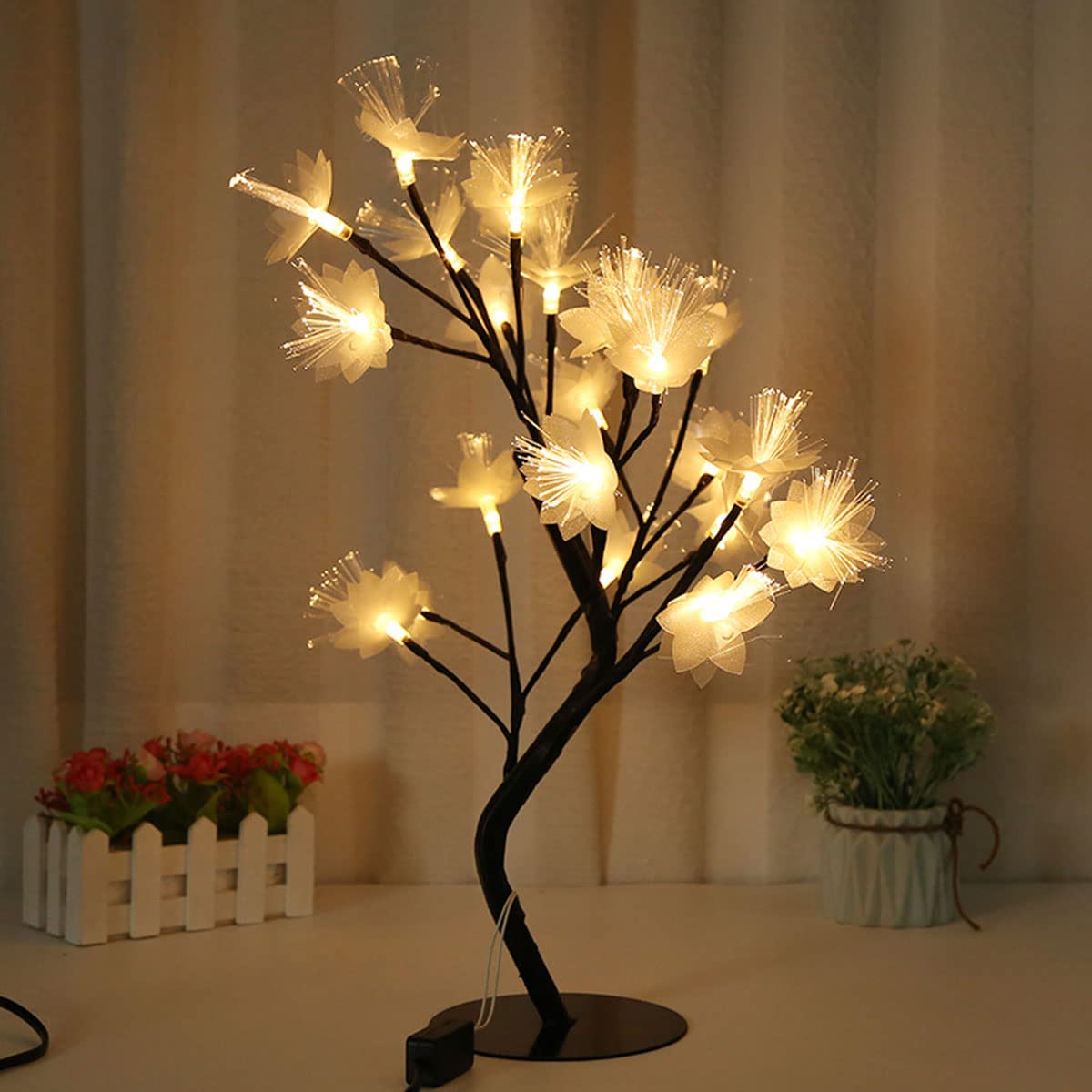 Edearkar Fiber Optic Flower Tree Lamp 48 LED Night Light Fiber Optic Flower Artificial Tabletop Tree USB Powered Night Light for Home Christmas Wedding Party Decoration (Warm White)
