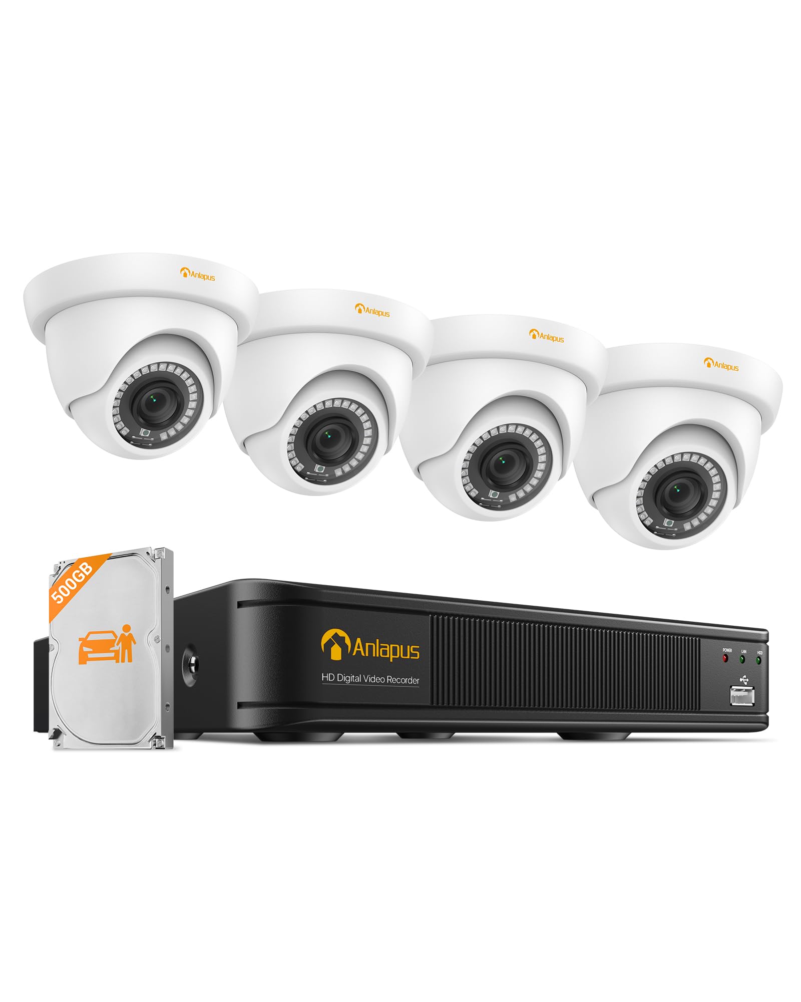 Anlapus H.265+ Kit Videorveglianza Esterna 2MP FHD 1080P, DVR 8CH 500GB, Rilevamento IA Persone & Veicoli, Avviso Istantaneo & APP Gratuito, Sorveglianza Domestica 24/7, Telecamera Cupola Bianca