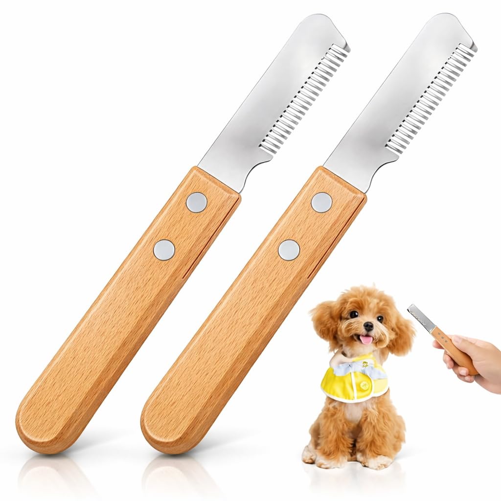 2PCS Dog Professional Stripping Knife, Stripping Knives Tool for Dogs With Ergonomic Wooden Handle, Durable Stainless Steel Dog Stripping Comb, Stripping Knife For Dogs And Pets