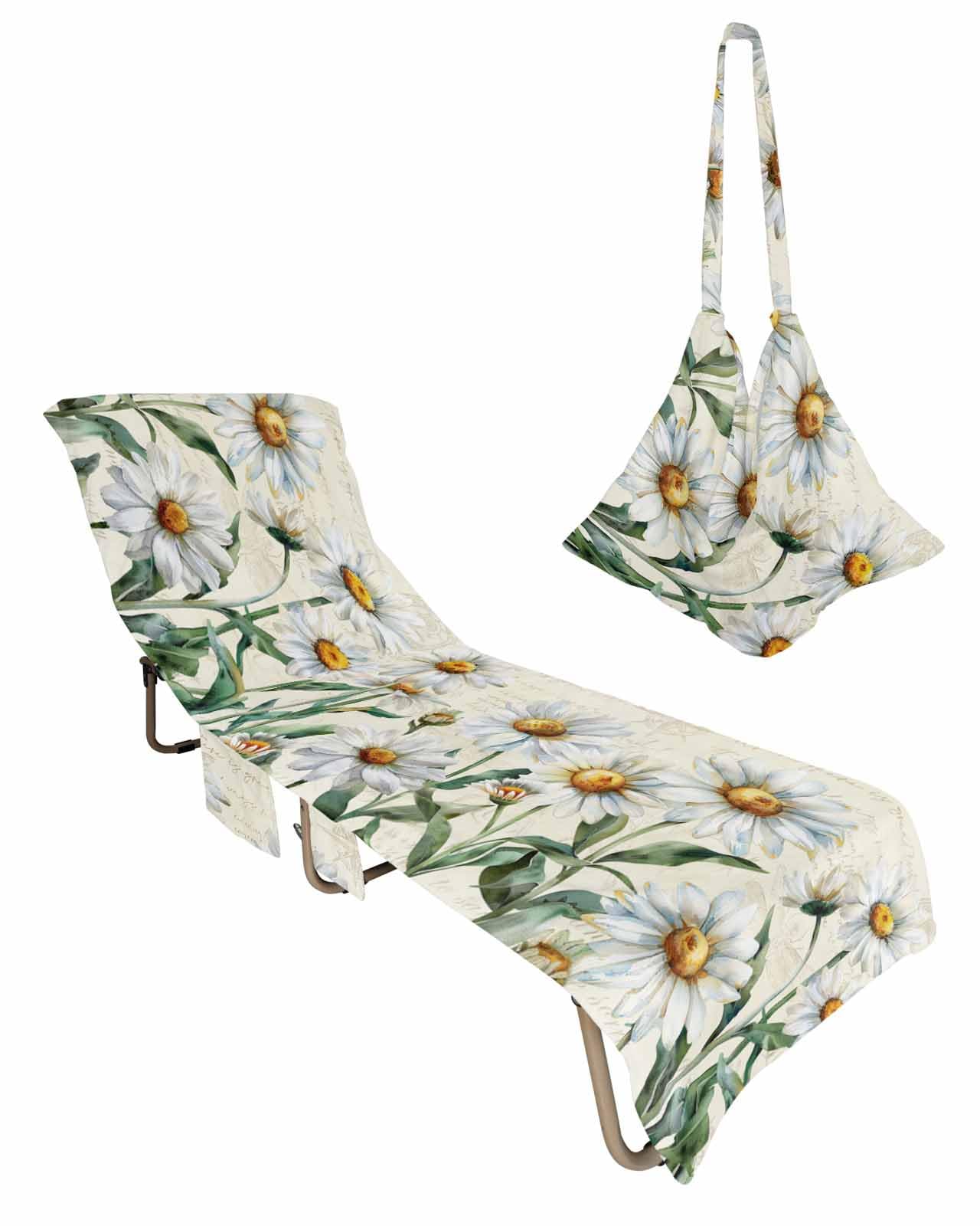 Beige Daisy Floral Beach Chair Towel Covers for Chaise Lounge with Side Pocket, Soft Plush Pool Towels Cover for Patio Sunbathing Outdoor Retro Elegant Botanical Flower Farmhouse 29''x85''