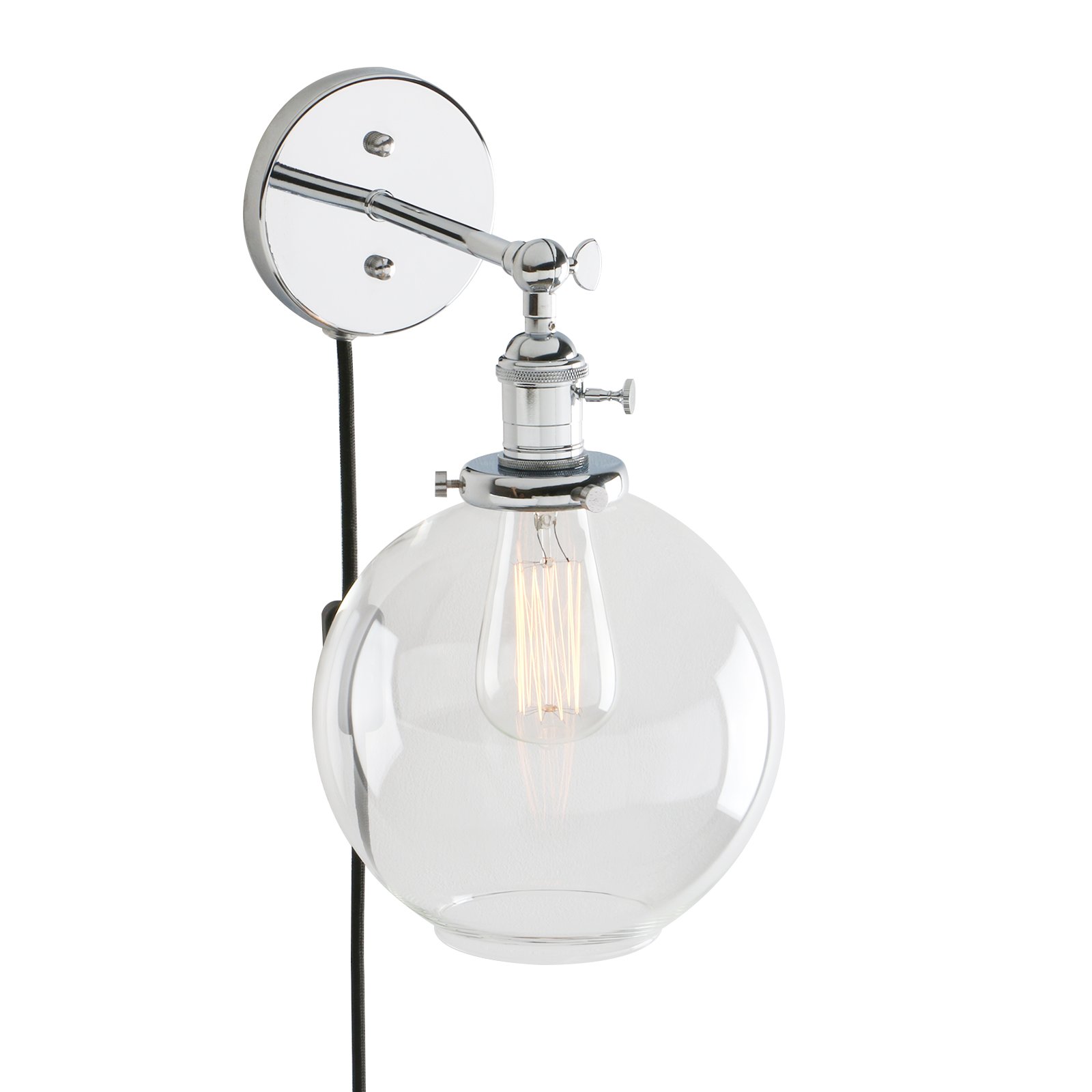 HELCEKOU Modern Vintage Loft Bar Wall Sconce Lamp with Globe Glass Lampshade Chrome Plug in Light Fixture for Easy Installation and Switch Control