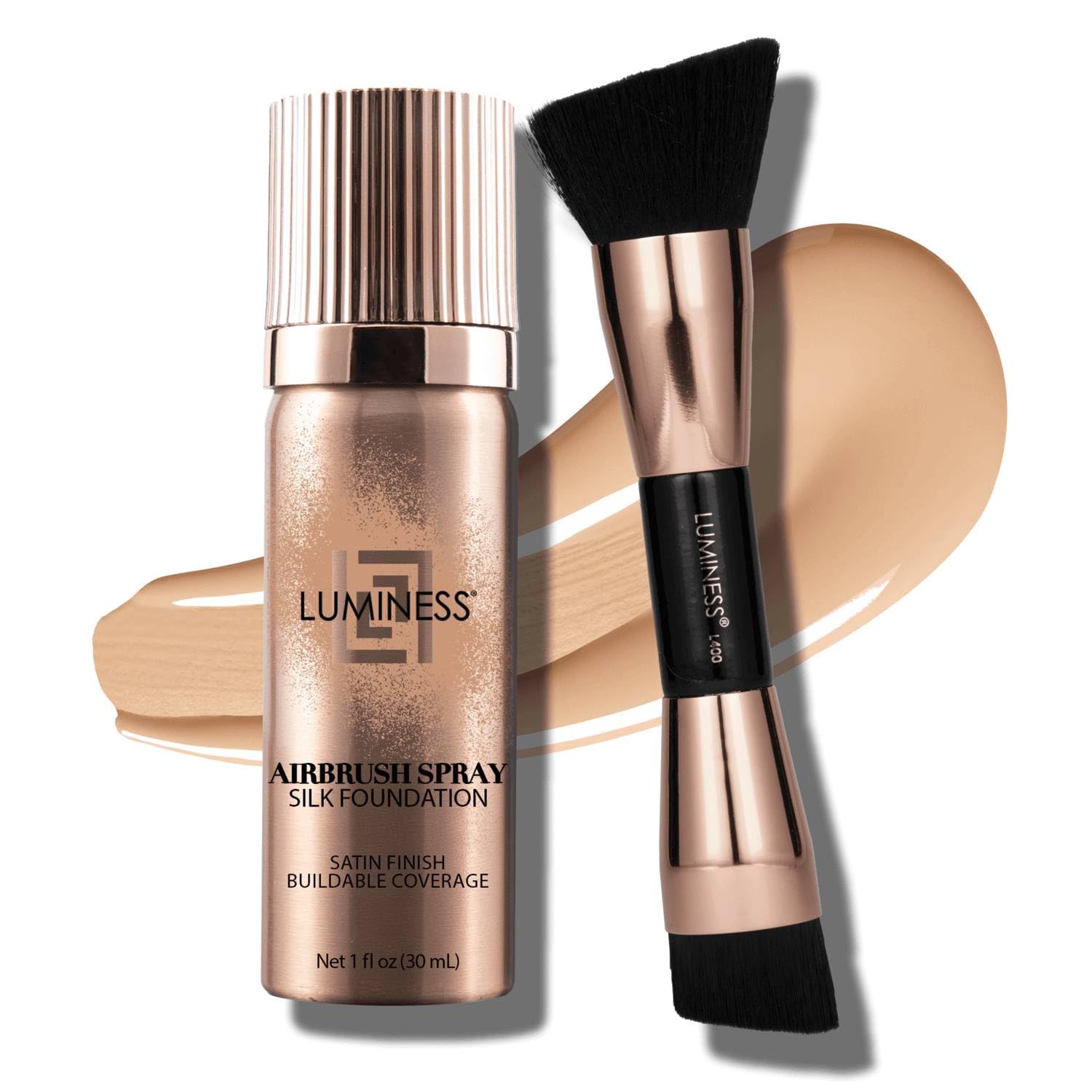 LUMINESS Silk Airbrush Spray Foundation 2-PC Kit - Foundation & Dual-Sided Angled Makeup Brush - Buildable Coverage, Anti-Aging Formula, Humidity