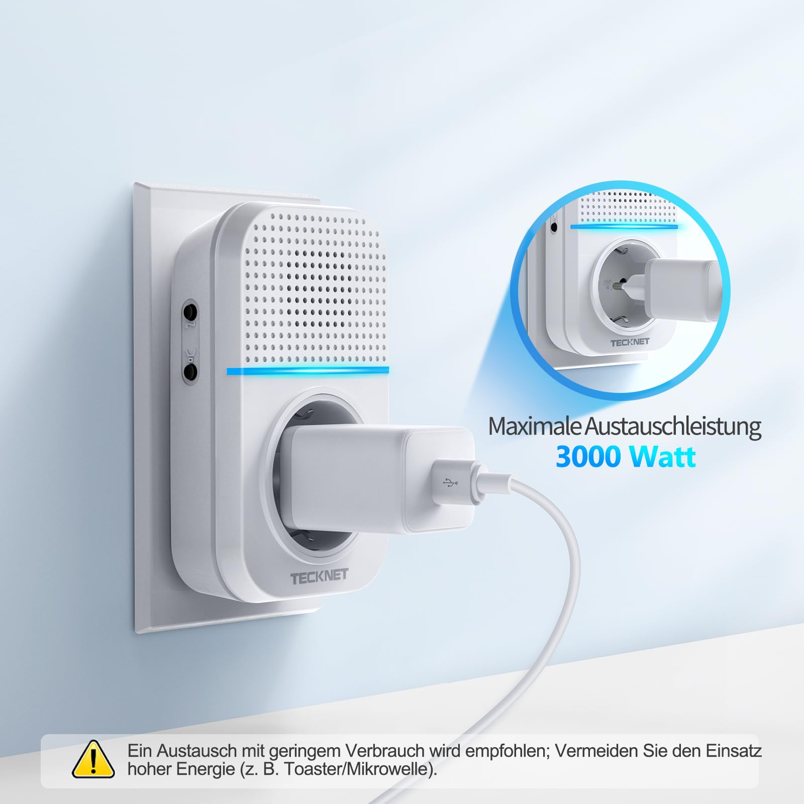 TECKNET Kabellose Türklingel Batterielose, Steckdosen-Funkklingel Wasserdicht Drahtloses Funk Türklingel mit 3 EU-Steckdose und 1 Sender, 400m, 60 Laute Melodien, 5 Lautstärke Stufen, LED-Blinken