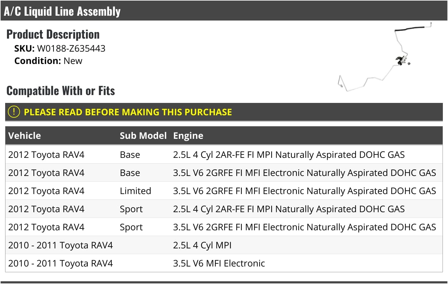 A/C Hose Line Assembly - Compatible with 2010-2012 Toyota RAV4