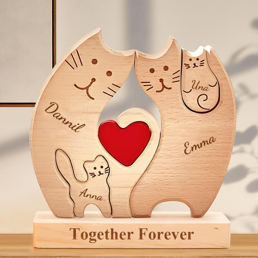 Personalized Wooden Cat Puzzle with 1-8 Family Name, We are One, Custom Family Name Sculpture, Ideal Gift for Mother's Day, Father’s Day, House Warming Gift, Unique Wooden Decor Gifts for Mom Dad