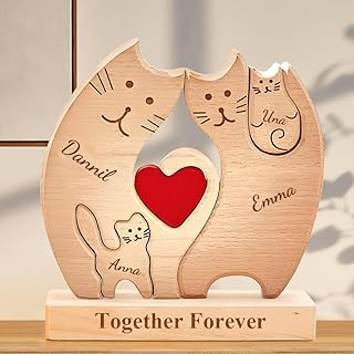 Personalisiertes Holzkunstpuzzle der Katzenfamilie mit 1-8 Namen| Katzenskulptur aus Holz als Desktop-Dekoration Ornament für Zuhause | Tischdekoration, Geschenk für Familie | Bürodekoration