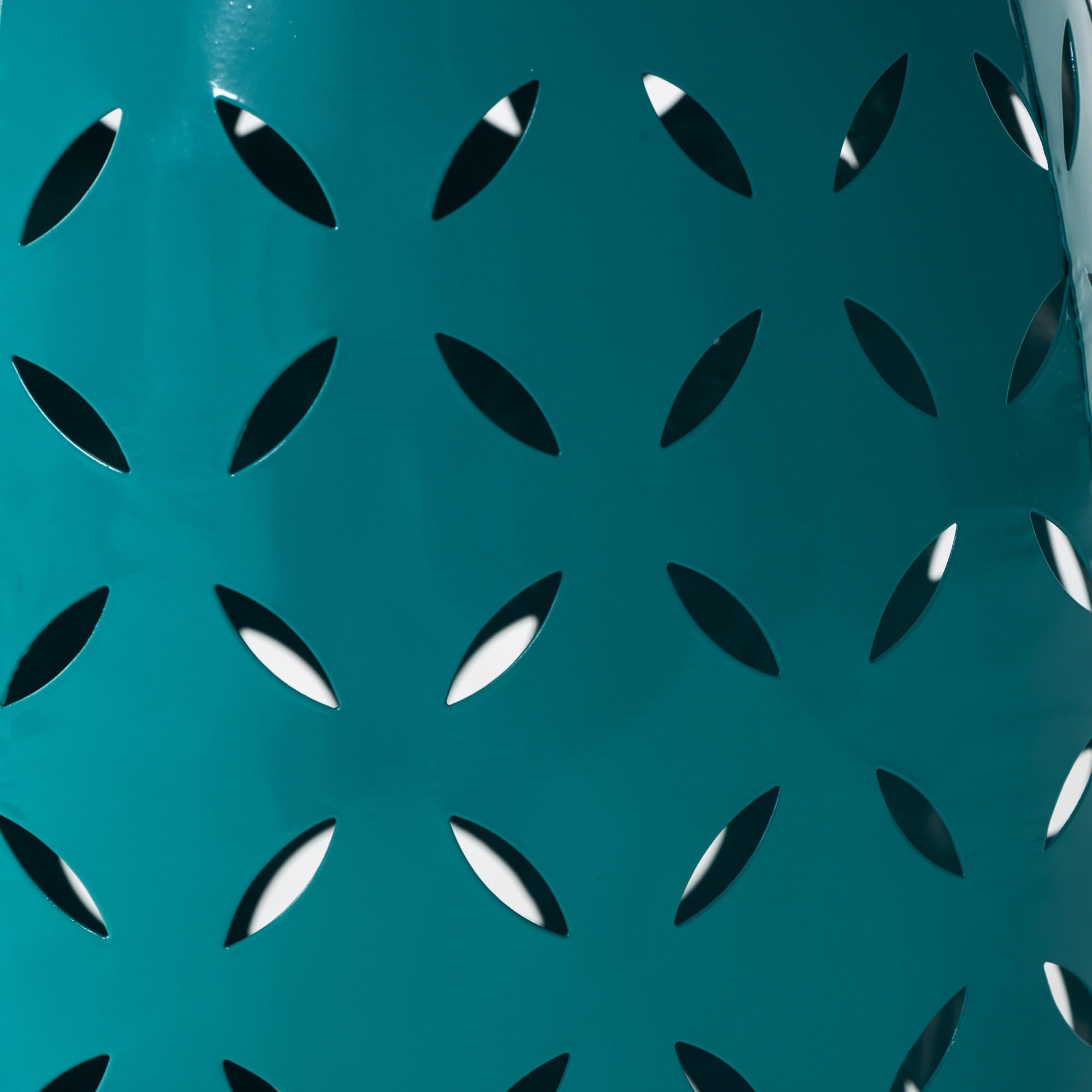 Metal Accent Side Table Cylindrical Sculptural Barrel End Piece Laser Cut Floral Pattern Indoor Outdoor Coffee Stand Modern Industrial Patio Balcony Porch Living Area Sofa Companion Stool (Teal)